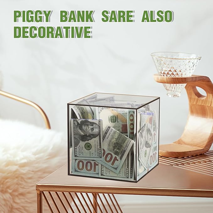 Clear Piggy Bank for Adults/Kids, Acrylic Unopenable Money Box for Cash Coin Saving, Must Break to Open, Money Saving Jar for Adults Boys Girls, Size 7.48''