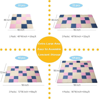 Foam Floor Mats for Kids, 12 x 12 Inch 16 Tiles 0.4" thickness Foam Play Mat, Non-Toxic Square Interlocking Floor Mats Rubber Baby Play Mat for Toddlers(Beige/Dark Blue/Pink)