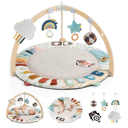 Blissful Diary Baby Play Gym & Activity Mat, 5 Developmental Zones Wooden Tummy Time Mat with 5 Detachable Sensory Toys for Motor Skills & Sensory Development, Baby Essentials Shower Gift