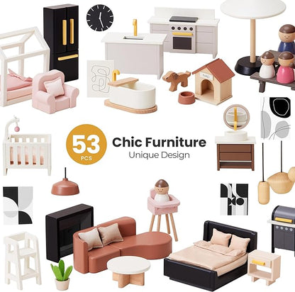 Tiny Land Doll House, Modern Family Dollhouse with Realistic Design, Wooden Dollhouse with 53Pcs Furniture - Ideal Gift for Kids Ages 3+