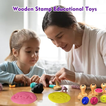 Montessori Wooden Alphabet & Number Stamp Set with Playdough, Flashcards, Toddler Learning Activities for 3-5 Year Olds, Learn ABCs, Numbers, Words, Addition - Preschool Classroom Supplies