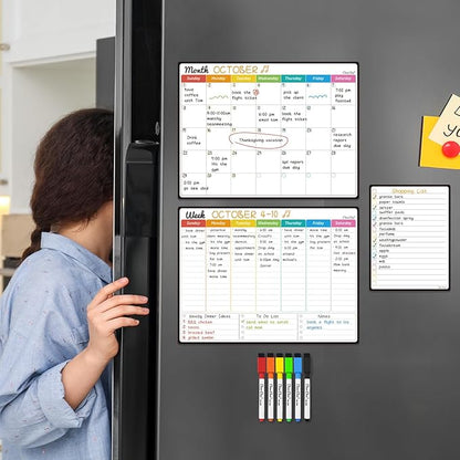 Magnetic Dry Erase Monthly Calendar Set - 14.5"x11" Monthly and Weekly Calendar, 6.5"x8.5" List Board for Fridge - 6 Extra Fine Point Markers Included - Shipped Flat
