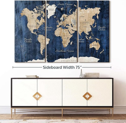 ElephantStock Aged Blue World Map II Canvas - 3 Panel Wall Decor - World Map Digital Art - Blue Wall Art - 74" X 48"