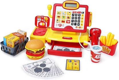 FS Toy Cash Register for Kids, with True Barcode Scanner & Calculator Toys, Pretend Play for Toddlers 3-5, Shopping Playset, Kids Cash Register with Credit Card for Boys and Girls