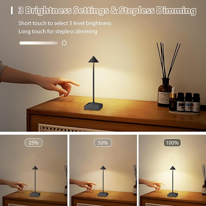3 Pack 8.26in Black Small Cordless Table Lamps Rechargeable, Battery Operated Mini Lamp, Small Lamp Touch Portable Table Lights, LED Night Light for Bedside/Dining/Bar/Outdoor (Black-A)