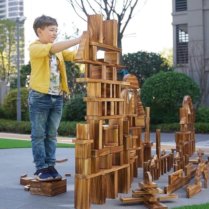 45 pcs Mega Outdoor Carbonized Wooden Building Blocks Set for Kids Toddlers 3-12, Giant Wooden Blocks Big Set for Kindergarten Yard, Jumbo Blocks (Jumbo Set 1#: 34 lbs (15.5kg)