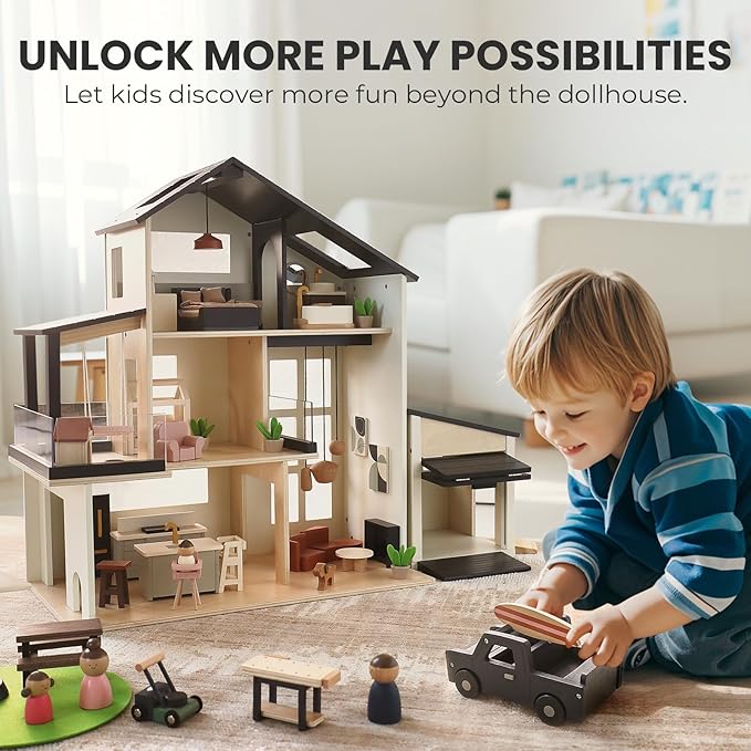 Tiny Land Wooden Dollhouse Garage Set – Realistic Design with Garage, Workbench,Lawn Mower & SUV Car, Expansion Dollhouse Furniture & Accessories for Doll house, Educational Pretend Play Gift for Kids