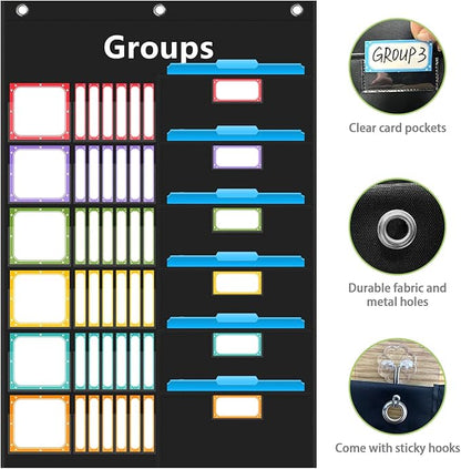 REGELETO Small Group Management Pocket Chart with 96 Cards Classroom Jobs Chart Small Group Organizer and on Task for School Teacher Elementary Preschool Learning Supplies (Black)