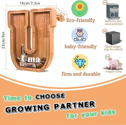 Personalized Wooden Letter Piggy Bank for Kids Larger Letter Piggy Bank for Boys and Girls Initial Coin Bank Customized Piggy Bank Perfect Wood Kids Money Bank for Birthday and Festival
