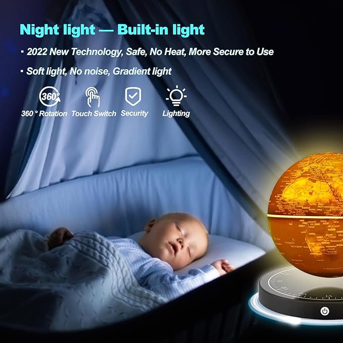Floating Globe, Magnetic Levitating Globe with LED Light, 360° Rotating Geographic Globe World Map for Home Office Decor, Cool Tech Gift for Kids, Teacher, Husband, Colleague..