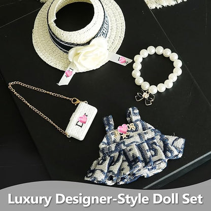17cm Doll Clothes Set with Fashion Accessories - Premium Luxury Baby Doll Outfits & Designer Clothes Bundle, Unique Fashion Style Dresses with Hat & Pearl Necklace & Bag Accessories(Blue)