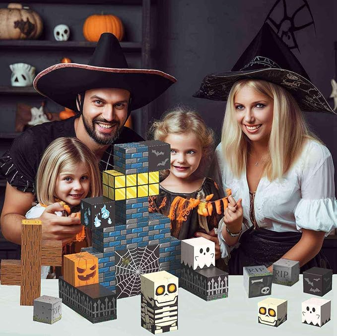 Halloween Themed Magnetic Blocks for Kids Skeleton Toys Spooky Town Building Kit Halloween Party Favors Gift for Children & Adults(1 inch)