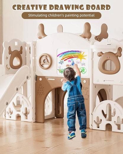 XJD 13 in 1 Toddler Slide Set, Kids Slide for Toddlers Age 1+, New Upgrade with Golf Set, Basketball Hoop, Drawing Board for Indoor Outdoor Playset,Toddler Playground (Brown)