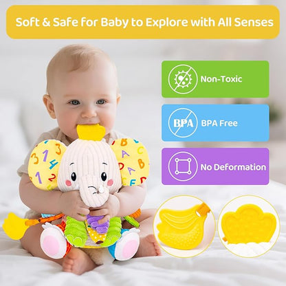 Baby Toys 3-6 Months, Musical Stuffed Elephant Toddler Toy for Newborn Infant 3 6 9 12 Months, Tummy Time Toys Montessori Sensory Toys 0-6 6-12 Months, Crinkle Paper, Mirror Soothing Music Shower Gift