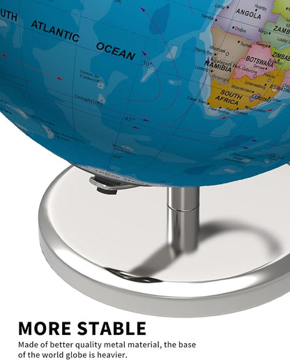 9" Illuminated World Globe with Stand, Educational Globes for Kids Learning, Colorful HD World Map Details, LED Globe Lamp for Living Rooms Decor