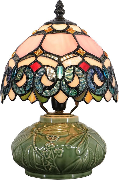 Small Tiffany Lamp Mushroom Table Lamp, Mini Stained Glass Desk Light Memory Sympathy Ceramic lamp 8X11 Inch (Pink Baroque Style)