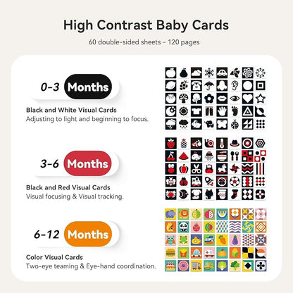 Rotating Baby Safe Mirror with 120 Pages Visual Stimulation Cards - Wooden Tummy Time Mirror Toys - Black White Red and Color High Contrast Baby Flashcards for Brain and Cognitive Development