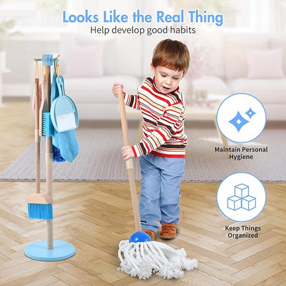 WHOHOLL Wooden Toddler Cleaning Set, Blue Toys Montessori Toys for 3+ Years Old Boy, Housekeeping Play Set Includes Broom Mop Duster Dustpan Sponge and Organizing Stand, STEM Skill Developmental Gift