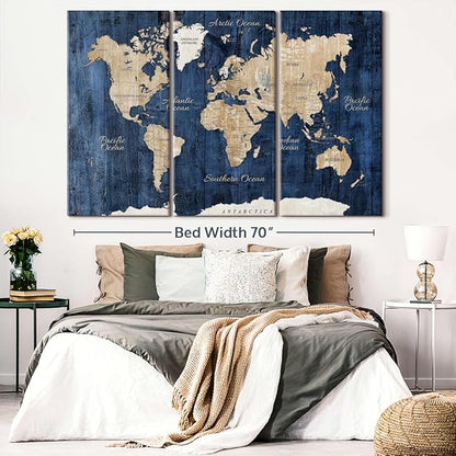 ElephantStock Aged Blue World Map II Canvas - 3 Panel Wall Decor - World Map Digital Art - Blue Wall Art - 74" X 48"