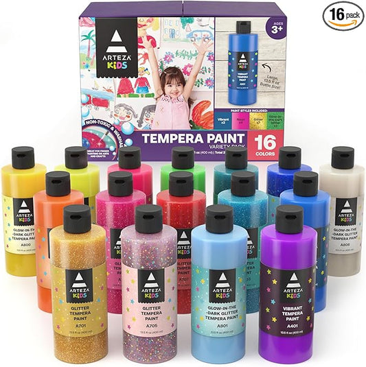 ARTEZA 16 Kids Tempera Paint Set, 13.5 oz/400 ml, Non-Toxic Washable Tempera Paint Bottles, Kids Art Supplies