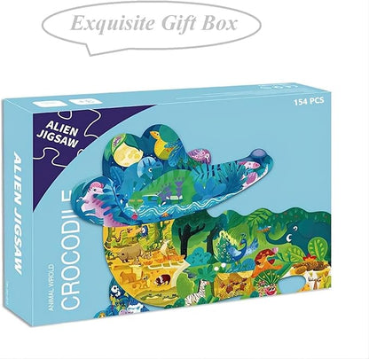PINU Jigsaw Puzzles for Kids Ages 3-5, 6-8, 8-10, Children Colorful Fun Animal Shaped Puzzle Learning Educational Toys Gifts Games for Boys and Girls (Crocodile-154 PCS)