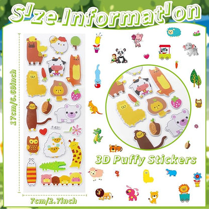 36 Sheets Animal Stickers for Kids - 900+ 3D Puffy Stickers Jungle & Farm Theme | Lion, Panda, Elephant, Giraffe | Reusable, Waterproof | Crafts, Scrapbooking, Party Favors