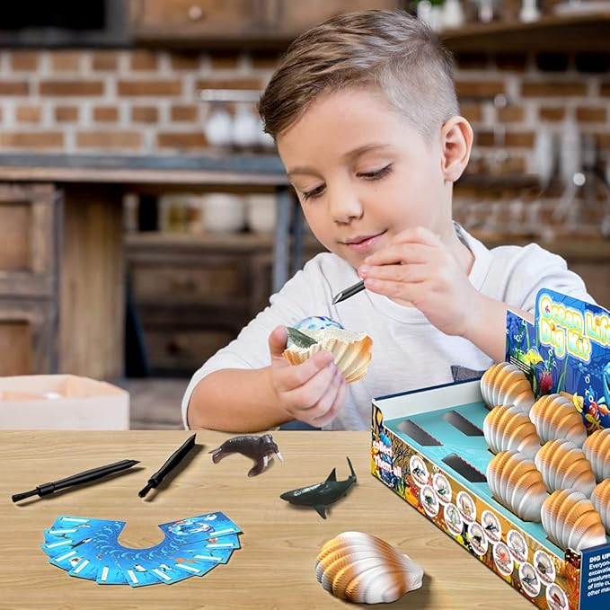 EARTH'SCODE Ocean Animals Dig Kit, Seashell Excavation Dig Bricks, Science Educational Gift for Kids