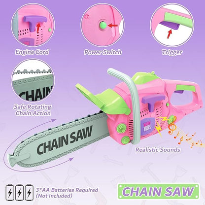 Kids Tool Set for Girls - Toddler Tool Set with Toy Chainsaw, Electric Toy Drill, Pretend Play Construction Tools Toy Gifts for Kids Aged 3 4 5 6 7