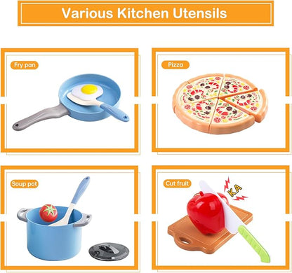 150Pcs Kitchen Playset, Toddlers Pretend Cooking Cookware Accessories, Food, Picnic Blanket, Fruits, Veges, 2Pack Shopping Storage Basket, Dessert and Prop Money, Gift for Kids (Blue)