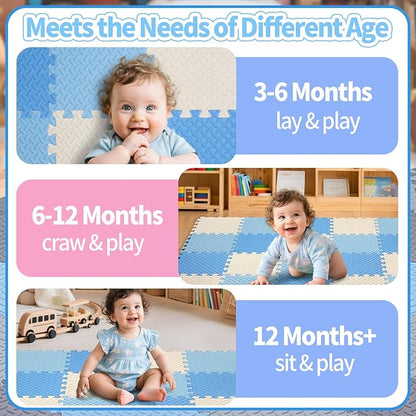 Foam Play Mat for Baby, 0.4 Inch Thick Foam Interlocking Floor Mats, Soft Non-Toxic Baby Playmat, Solid Colored Puzzle Play Mat Kids Floor Mats for Toddler, 16 Tiles(White/Light Blue/Blue)