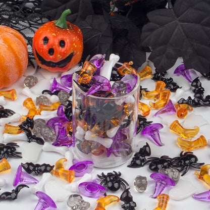 250PCS Halloween Vase Filler – Acrylic Halloween Sensory Bin Filler with Spiders, Bats, Skulls, Ghosts, Witch Hats, Boots, and Bones, Mini Halloween Figurines for Crafts and Bowl Decor