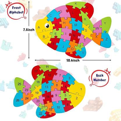 LovesTown Goldfish Wooden Puzzle for Kids, Alphabet and Number Jigsaw Puzzle Montessori Learning Blocks, Educational Preschool Toys for Toddlers, 26 PCS