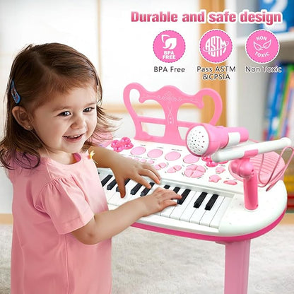 31-Key Rose Pink Kids Piano Toy Keyboard with Bench - Portable Electronic Multi-Functional Music Instrument with Microphone, Ideal Christmas & Birthday Gift for Girls & Kids Aged 3-5 Years Old
