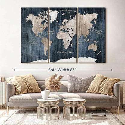 ElephantStock Aged Blue World Map I Canvas - 3 Panel Wall Decor - World Map Digital Art - Blue Wall Art - 74" X 48"