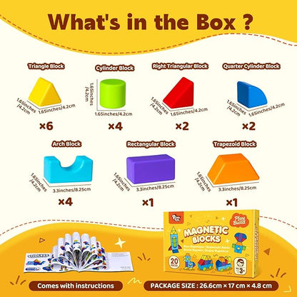 Multi-Shape Magnetic Blocks, Large Stacking & Building Blocks Set, Preschool Educational Sensory Magnet Toys for Kids Ages 3-5 Year Old Boys & Girls Toddlers(20pcs)