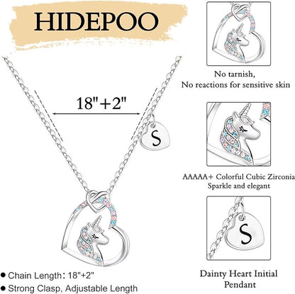 Hidepoo Unicorn Necklace Gifts for Girls - Colorful CZ Heart Pendant Initial Unicorns Necklaces for Teens Little Girls Jewelry Birthday Gift for Girl Daughter Granddaughter Niece
