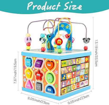 Qilay Wooden Activity Cube for Toddlers, 5 in 1 Multipurpose ABC-123 Abacus Early Educational Montessori Toys, Learning Toys for 3 Year Old | Bead Maze, Great for Boys Girls
