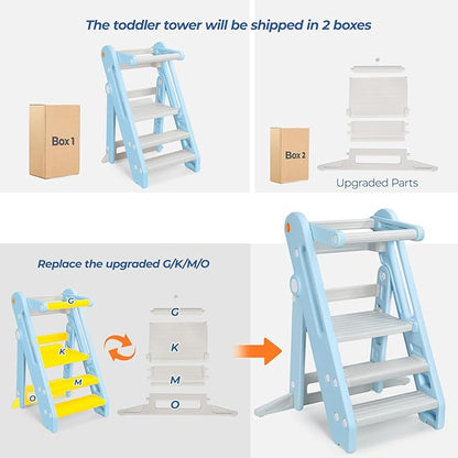 Onasti Toddler Tower Kitchen Stool Helper, Foldable & Adjustable Height Kids Learning Stool for Kitchen Counter Bathroom Sink, Child Ladder for Toddlers with Handles, Safty Rail, Non-Slip Pads-Blue