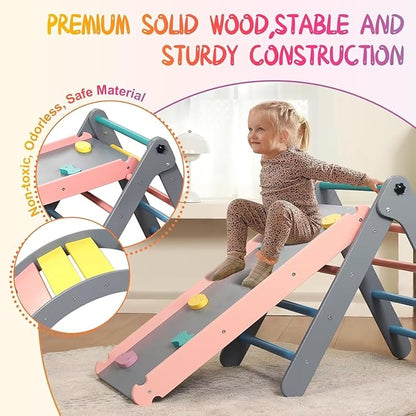 Pikler Triangle Set with Cushion, 7 in 1 Toddler Climbing Toys Indoor, Montessori Foldable Climbing Set, Wooden Climbing Toys for Toddlers 1-3 Inside with Ramp, Arch and Ladder (Rainbow with Blue)
