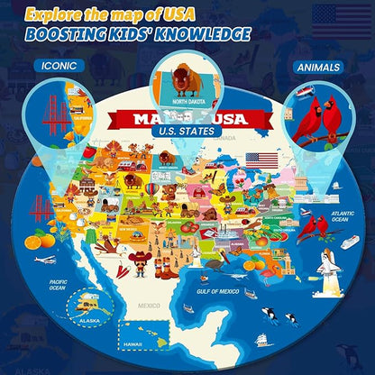 ELX 70 Piece Space Large Floor Puzzle for Kids Ages 5-8, Solar System Globe & USA Map Jigsaw Puzzles,Double-Sided Planet Round Puzzle for Toddlers,Geography Educational Toys for Boys&Girls (22.5 Inch)