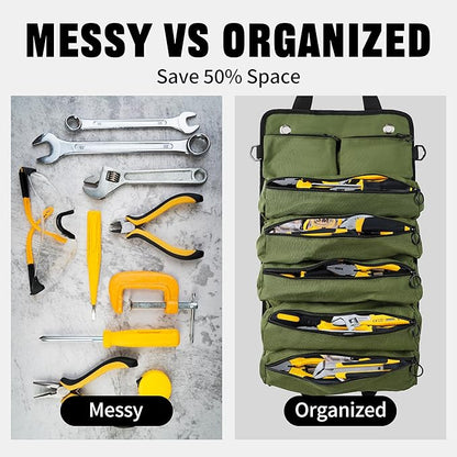 Portable Foldable Roll-Up Waterproof Tool Bag Organizer with 5 Compartments & 2 Detachable Pouches, Heavy-Duty Tool Pouch Bag, Dad Men Electrician Mechanic Gifts (Army green)