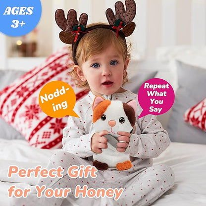 Hopearl Talking Kitty Repeats What You Say Cat with Fish Nodding Electric Interactive Animated Toy Speaking Plush Buddy Gifts for Toddlers, 7''