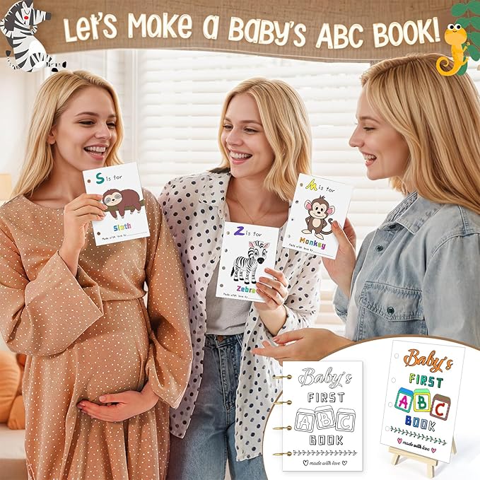 146 Pcs Baby Shower Game Sign Set Includes Decorative Square 54 DIY Blank Wooden Blocks 24 Paint Markers 27 Page Baby‘s First ABC Book