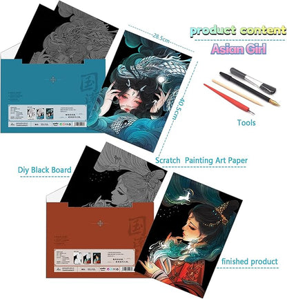 Scratch Rainbow Painting Art Paper,Scratch & Sketch Art for Kids & Adults,Scratch Painting Creative Gift Art & Craft Set,Sketch Pad DIY Scratchboard with 4 Tools,16''x11''(Asian Girl)