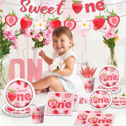 Strawberry First Birthday Party Tableware Set, 142Pcs Sweet One Strawberry Birthday Party Decorations, Include Plates, Cups, Napkins, Banner, Tablecloth for Berry First Birthday Party Supplies