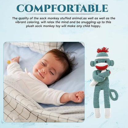 Adorable Sock Monkey, The Original Traditional Hand Knitted Stuffed Animal Toy Gift-for Kids, Babies, Teens, Girls and Boys Baby Doll Present Puppet (20" Green)