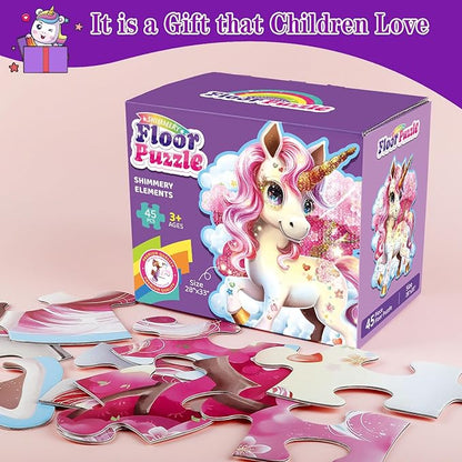 45pcs Shimmery Unicorn Floor Puzzles for Kids Ages 3-5, Jumbo Jigsaw Puzzles for Kids Unicorn Puzzle for Toddlers Age 3+ Year Olds, Unicorn Toy Gifts for Girls (Size: 28 '' x 33 '')