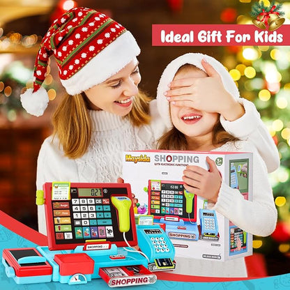 52PCS Toy Cash Register for Kids with Sound Music/Scanner/Microphone/Credit Card/Play Money, Pretend Learning Toy Kids Cash Register, Christmas Birthday Gift for Toddlers Girl Boy Age 3 4 5 6