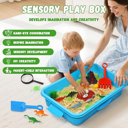 Pakimio Dinosaur Sensory Bin with Lid, 2.64lbs Magic Sand, Dino Figures & Skeletons, Archaeology & Sand Tools, Scenic Elements, Play Sand Kit Dinosaur Toys for 3 4 5 6 7 8+ Year Old Boy Birthday Gift