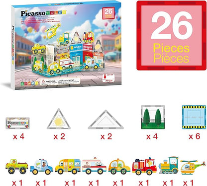 PicassoTiles Magnet Tile Building Blocks Metro City Themed Playset with 8 Character Action Figures Magnetic Tiles STEM Learning Early Education Toy Construction Set Toddlers Boys Girls Ages 3+ PTQ24